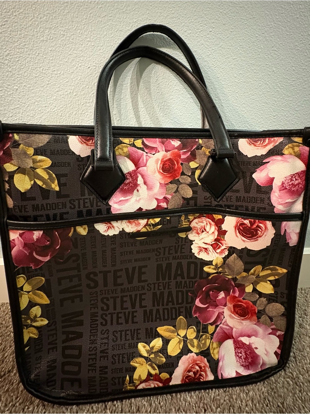 Steve Madden Floral Logo Tote in Black with Pink Roses